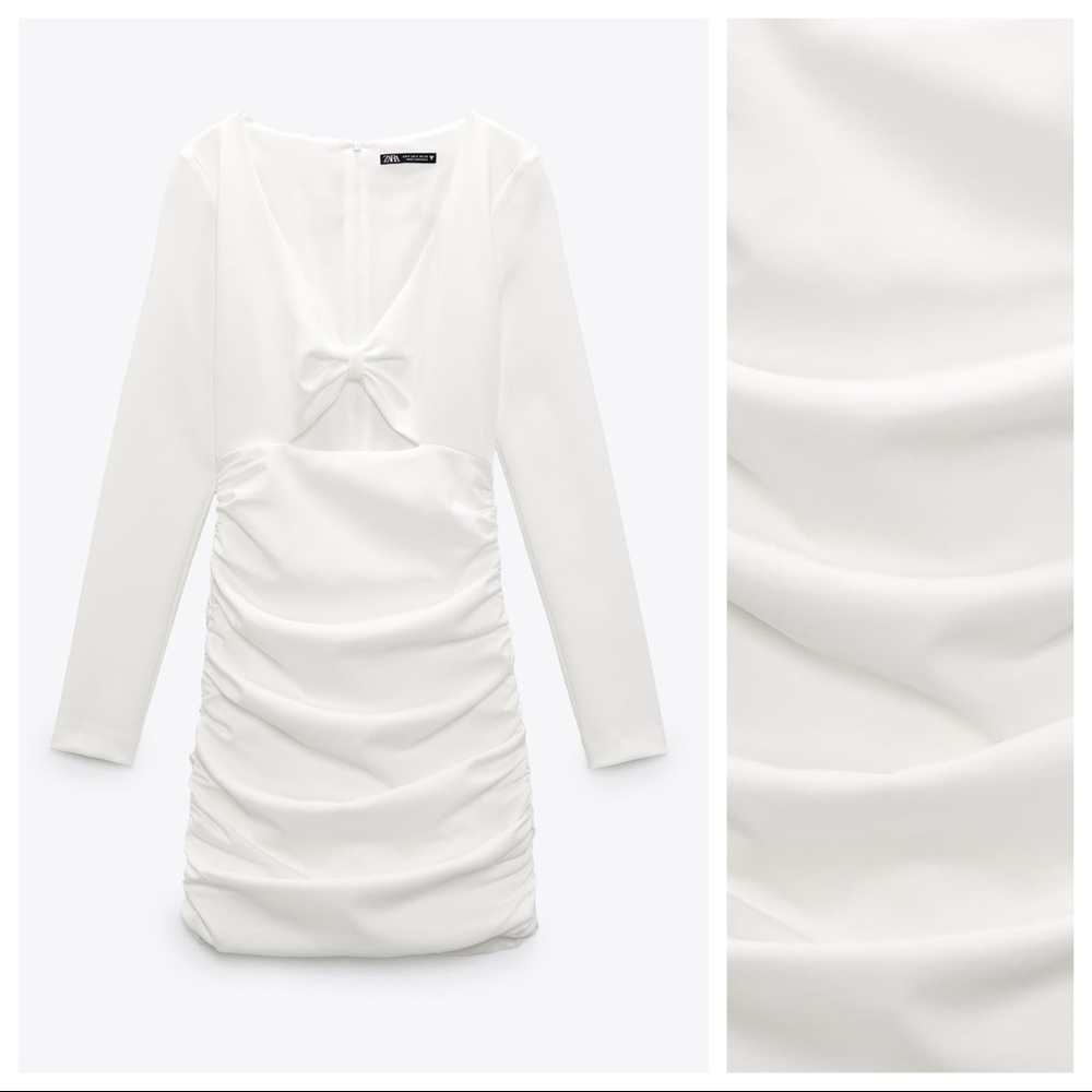 🌹NWT. Zara White Cut Out Draped V-neckline Casual Mini Dress. Size S.